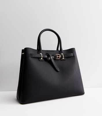 Black Leather-Look Buckle Tote Bag