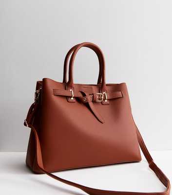 Tan Leather-Look Buckle Tote Bag