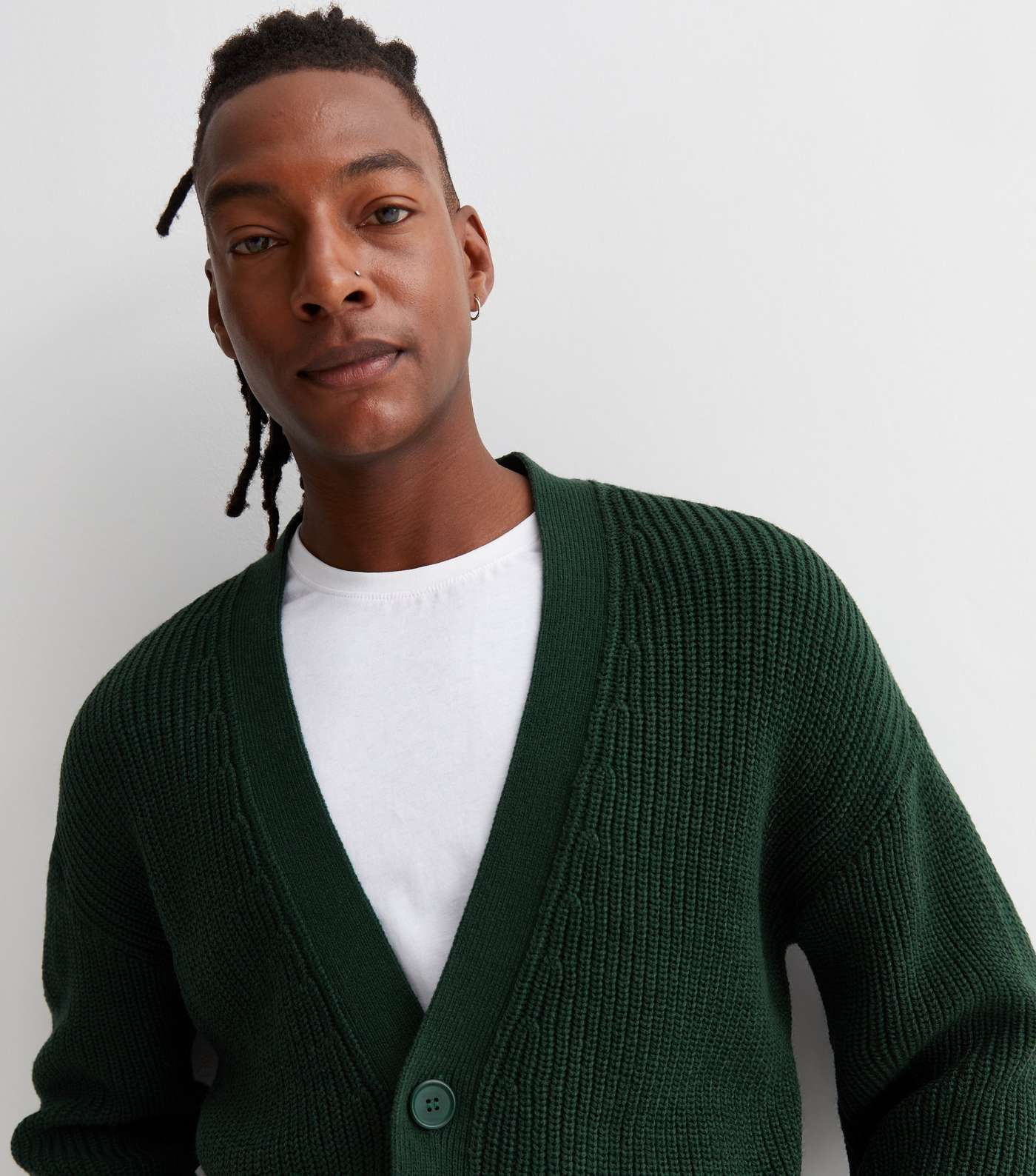 Dark Green Ribbed Fisherman Knit Relaxed Fit Cardigan Image 2