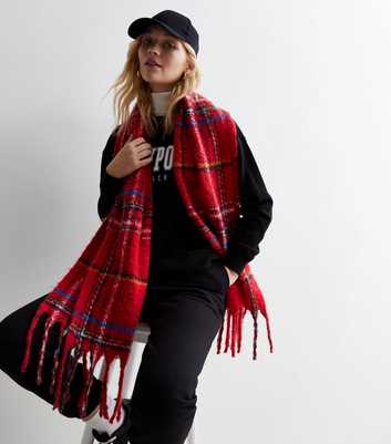 Red Check Brushed Tassel Scarf