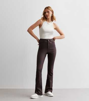 Dark Brown Coated Leather-Look High Waist Flared Brooke Jeans