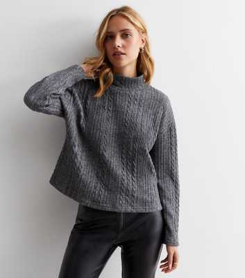Grey Cable Knit High Neck Boxy Jumper