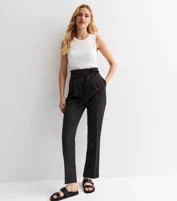 Black High Waist Belted Paperbag Trousers
