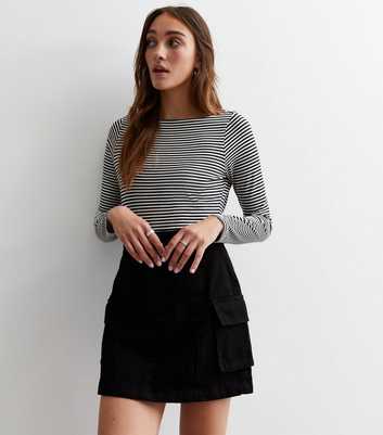 Black Cotton Pleated Mini Cargo Skirt