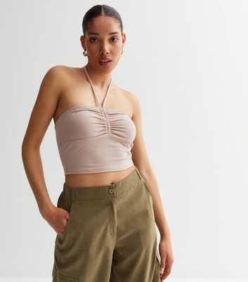 Mink Jersey Ruched Front Strappy Halter Top