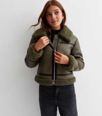 Girls Khaki Leather-Look Faux Fur Trim Aviator Jacket