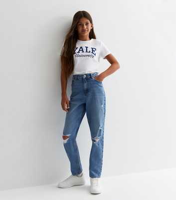 Girls Blue Ripped Relaxed Fit Moira Mom Jeans