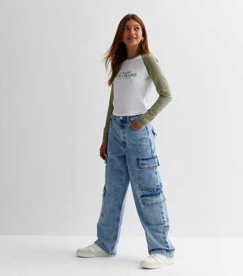 Girls Blue Denim Wide Leg Cargo Jeans