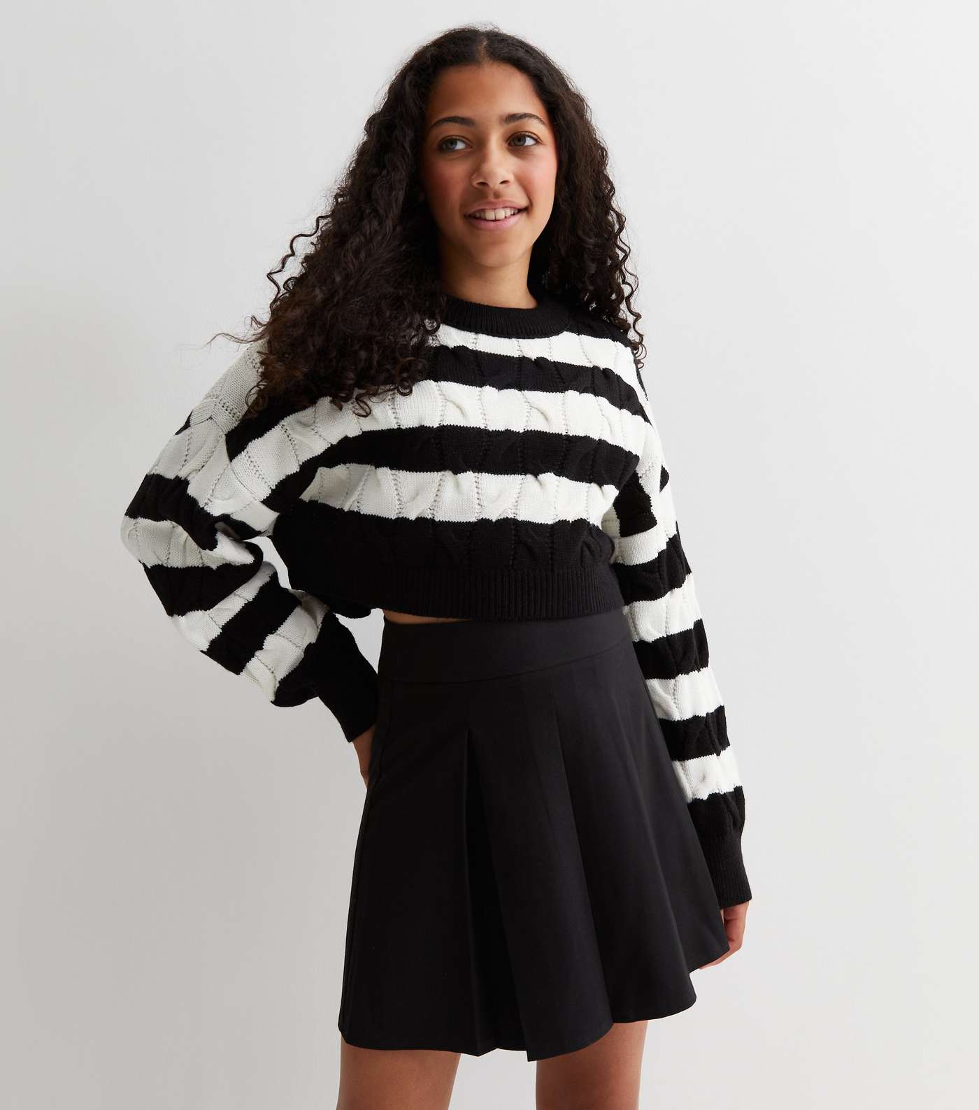 Girls Black Stripe Cable Knit Crop Jumper Image 2