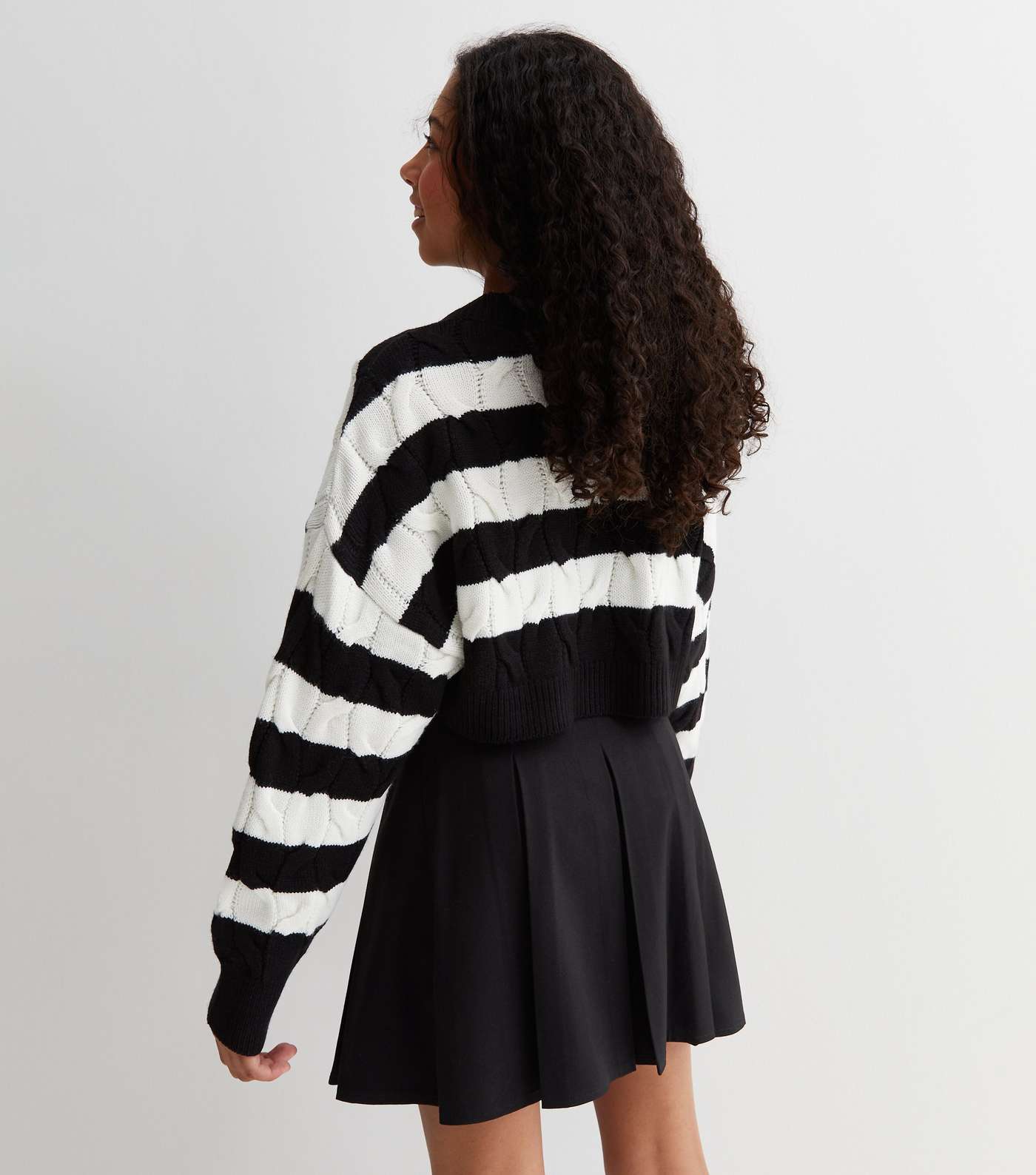 Girls Black Stripe Cable Knit Crop Jumper Image 4