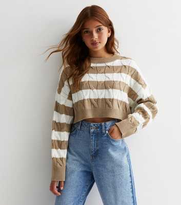 Girls Brown Stripe Cable Knit Crop Jumper