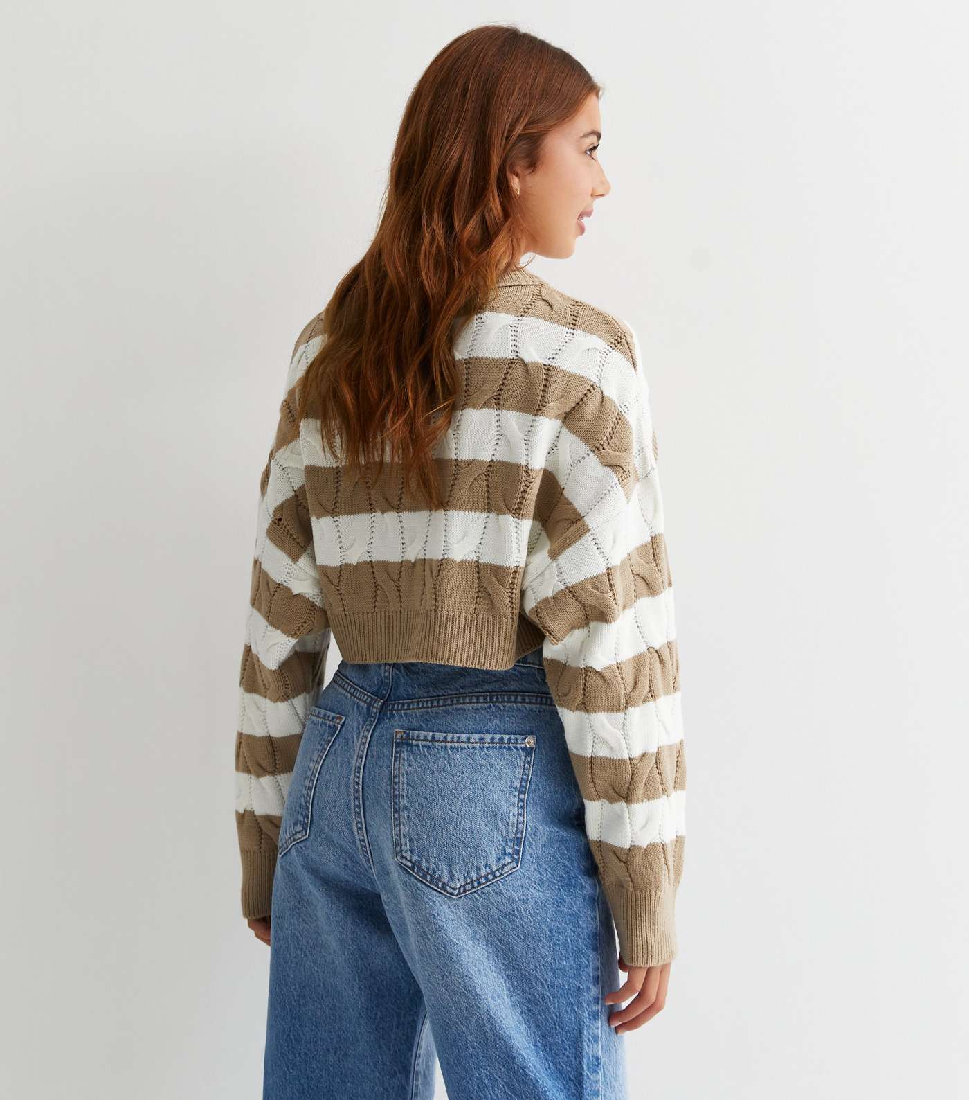 Girls Brown Stripe Cable Knit Crop Jumper Image 4