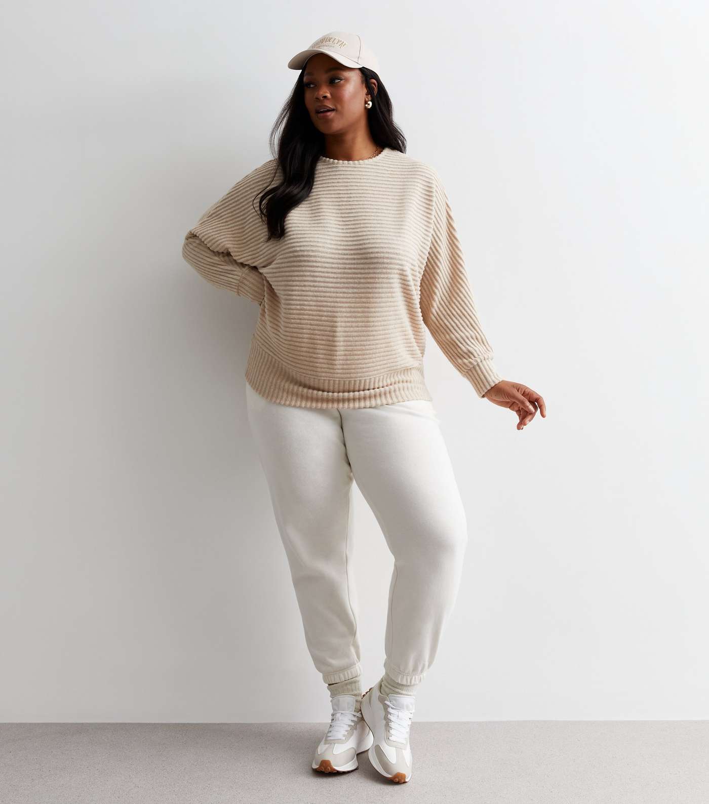 Curves Cream Ribbed Knit Batwing Top Image 2