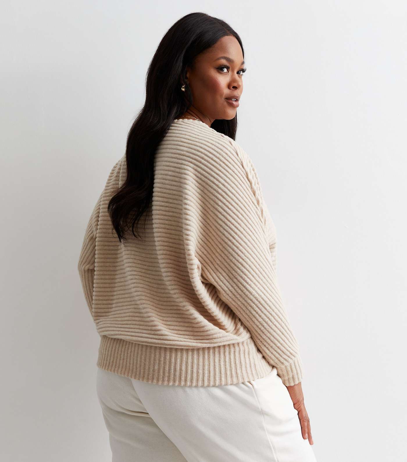 Curves Cream Ribbed Knit Batwing Top Image 4