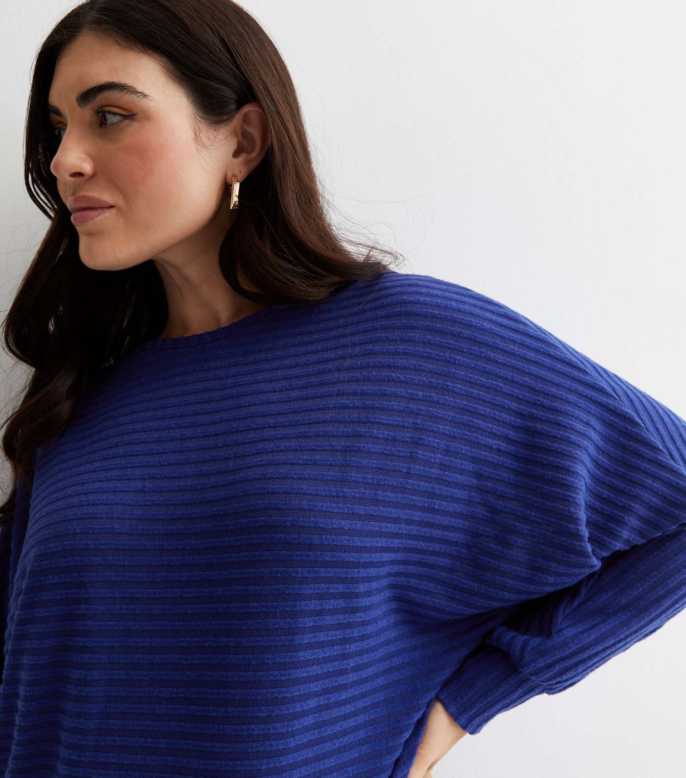 Curves Bright Blue Ribbed Knit Batwing Top