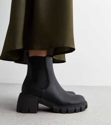 Black Leather-Look Cleated Block Heel Chelsea Boots
