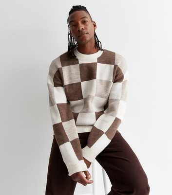 Brown Check Knit Crew Neck Oversized Jumper