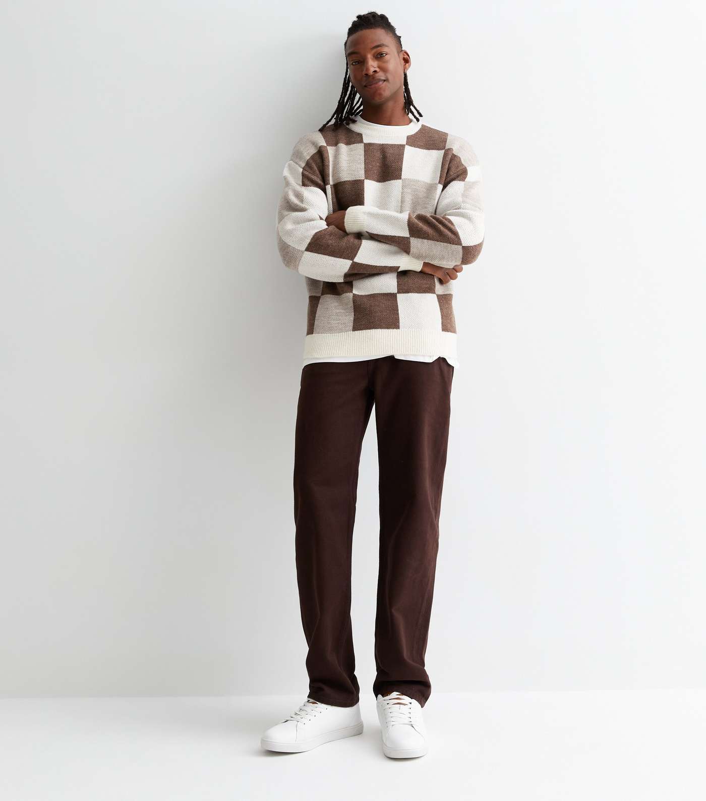 Brown Check Knit Crew Neck Oversized Jumper Image 3