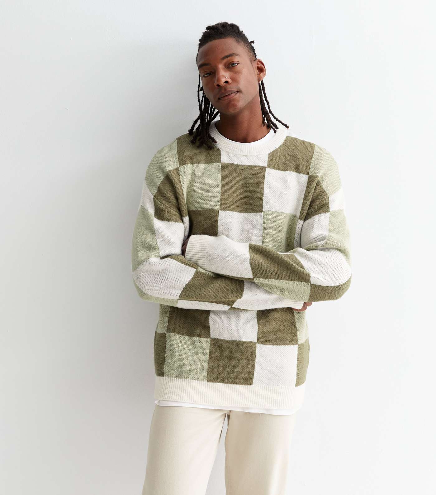Green Check Knit Crew Neck Oversized Jumper Image 2