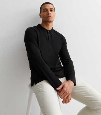 Black Cotton Long Sleeve Polo Shirt