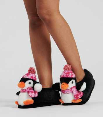 Loungeable Black Faux Fur Penguin Slippers