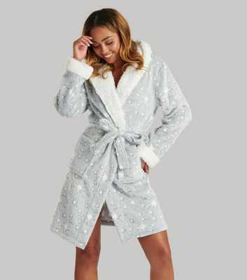 Loungeable Grey Fleece Sparkle Print Hooded Belted Dressing Gown