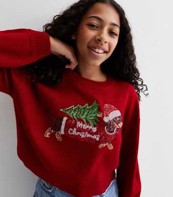 Girls Red Sequin Knit Dog Christmas Jumper