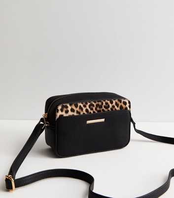 Black Leopard Print Leather-Look Cross Body Bag