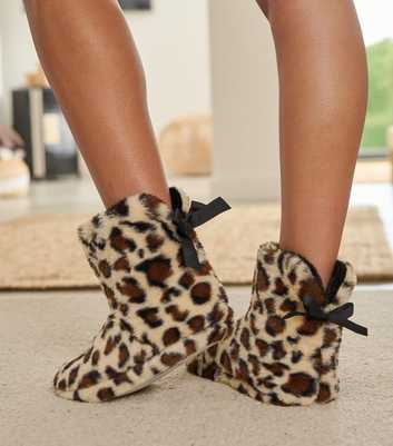 Loungeable Brown Leopard Print Faux Fur Slipper Boots