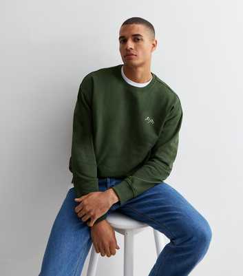 Khaki Mountain Embroidered Crew Neck Relaxed Fit Sweatshirt