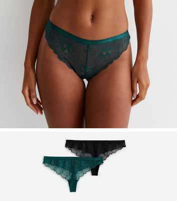 2 Pack Black and Teal Lace Thongs