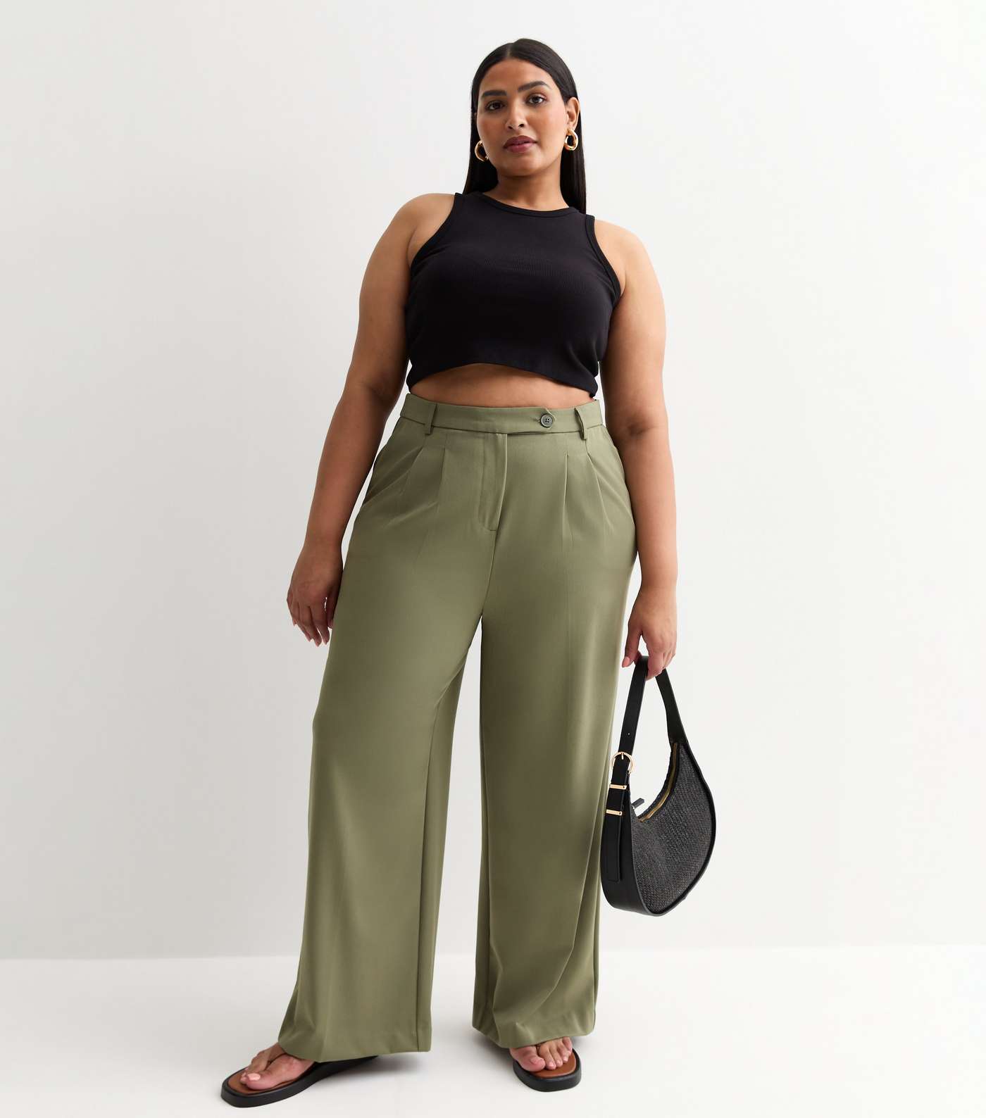 Olive Wide Leg Tailored Trousers Image 3
