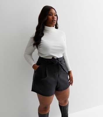 Curves Black Leather-Look Belted Shorts