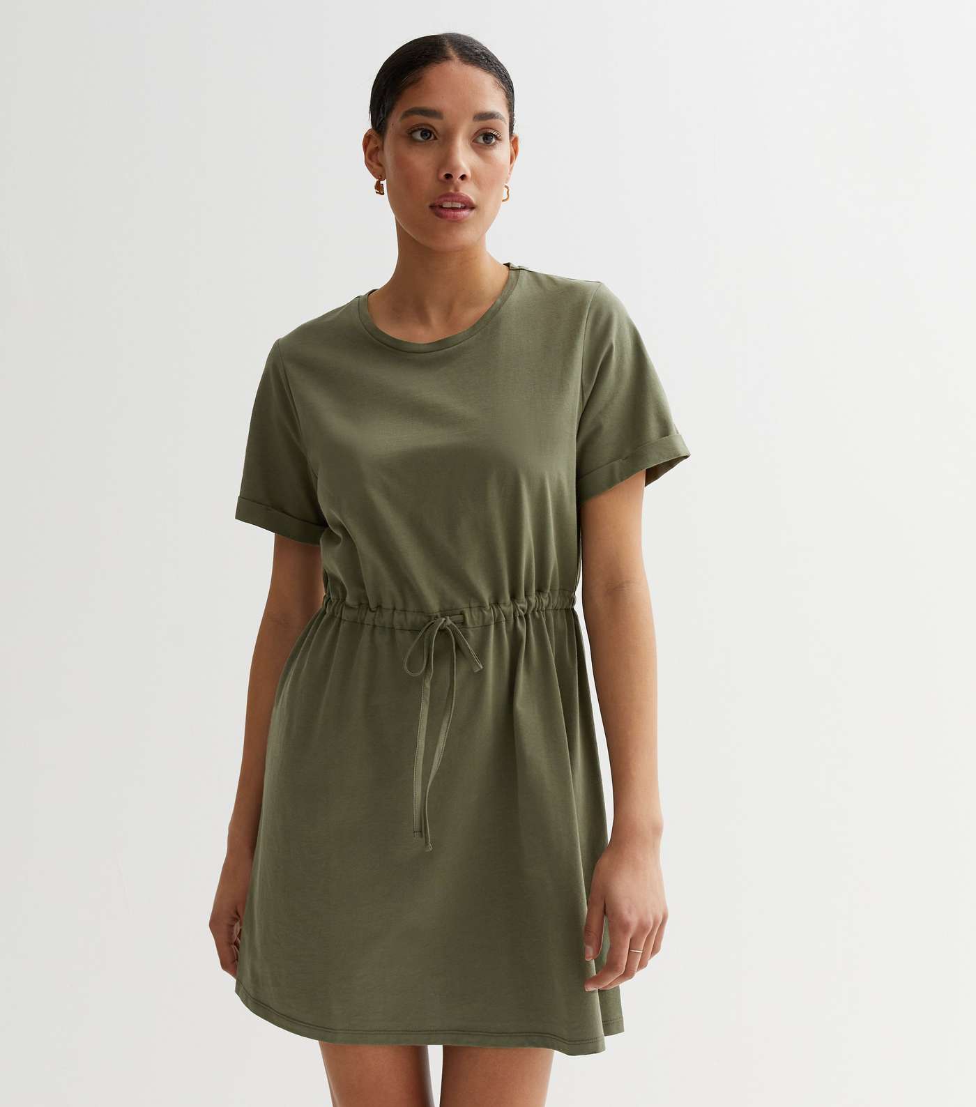 Olive Jersey Drawstring Mini Dress