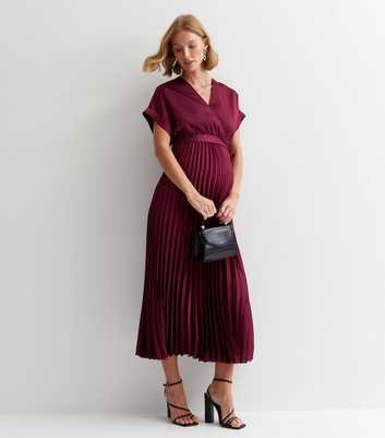 Maternity Burgundy Satin Pleated Wrap Midi Dress