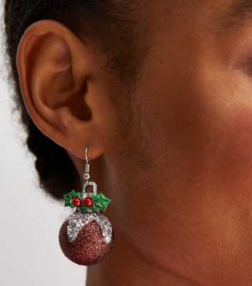 Silver Glitter Christmas Pudding Drop Earrings