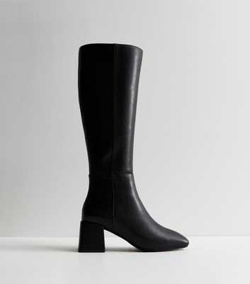 Black Leather-Look Block Heel Knee High Boots
