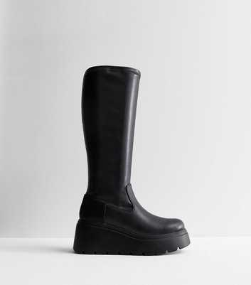 Black Leather-Look Stretch Wedge Heel High Leg Boots