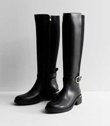 Wide Fit Black Leather-Look Buckle Knee High Boots