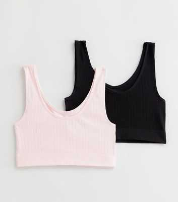 Girls 2 Pack Black and Pink Ribbed Crop Tops