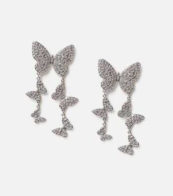 Freedom Silver Diamanté Butterfly Drop Earrings