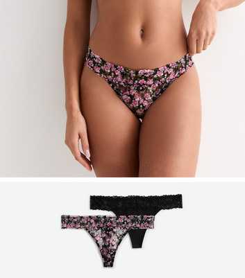 2 Pack Floral Print and Black Lace Tanga Thongs