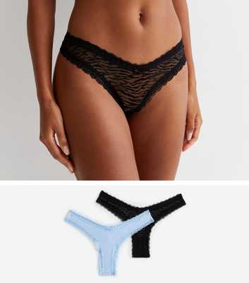 2 Pack Black and Blue Zebra Lace V Front Thongs