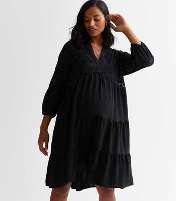Maternity Black Broderie Tiered Smock Mini Dress