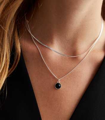 Silver Black Gem 2 Row Layered Necklace