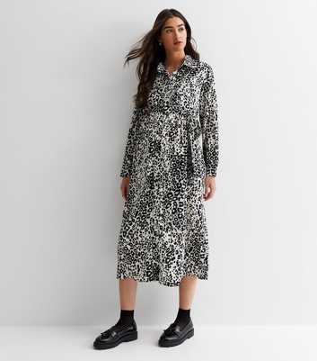 Maternity Black Leopard Print Belted Midi Shirt Dress