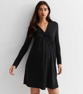 Maternity Black Ribbed Twist Front Mini Dress