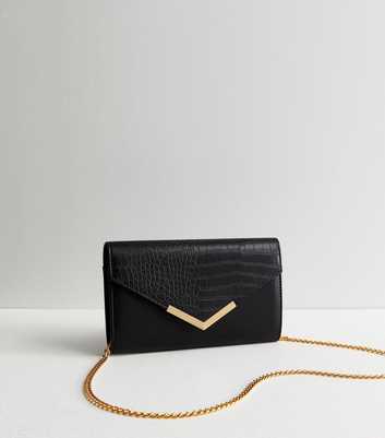 Black Faux Croc Chain Envelope Clutch Bag