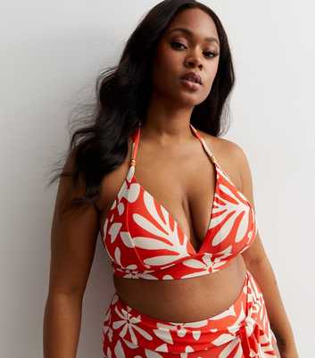 Curves Red Floral Triangle Bikini Top