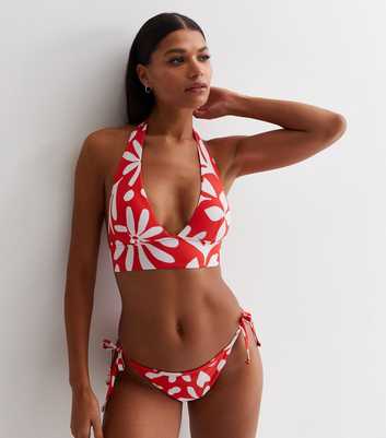 Red Leaf Print Halter Bikini Top